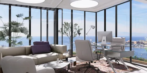 modern office space featuring a sleek desk arrangement with a comfortable sofa, utilizing the Homestyler 3D rendering feature to visualize the design, creating an inviting workspace with a coastal view.