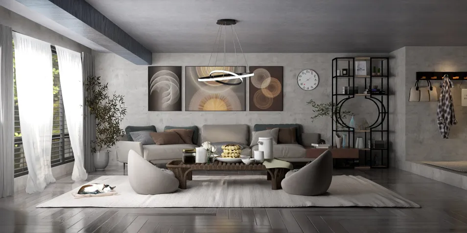 Modern living room featuring a cozy sofa arrangement with artistic wall decor and stylish lighting, showcasing contemporary interior design elements. Utilize Homestyler's real-time 3D rendering for an accurate preview of your space.