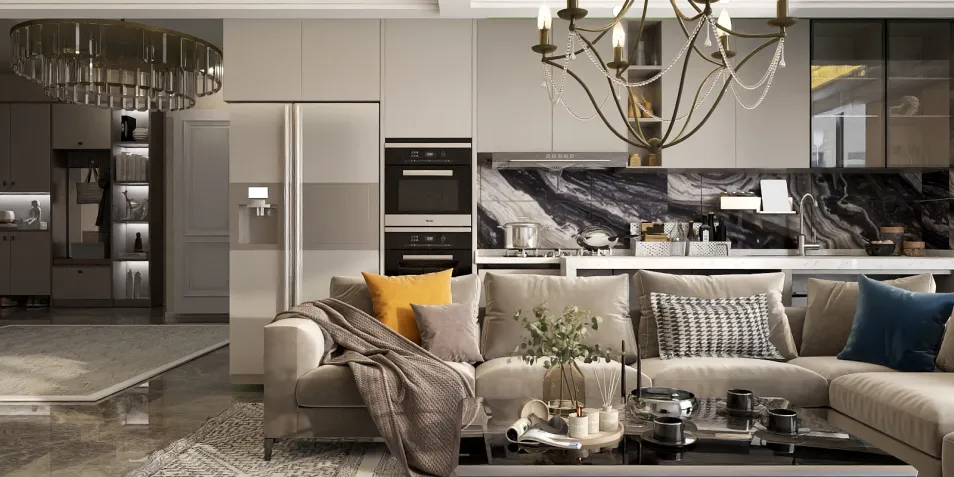 modern living room with sectional sofa and decorative pillows, showcasing a luxurious interior design style, highlighting the open space functionality, utilizing Homestyler's 3D rendering feature for design proposal presentation