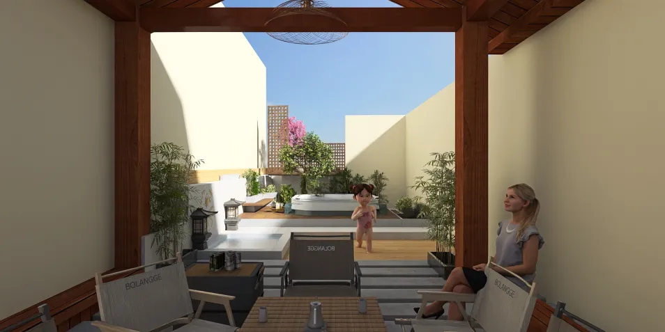 outdoor lounge area featuring comfortable seating and greenery, enhancing relaxation style in a modern urban space with Homestyler's real-time 3D rendering
