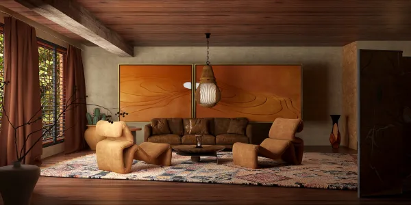 cozy living room arrangement featuring stylish furniture and warm lighting in a modern rustic style, showcasing a comfortable interior decor design with Homestyler's real-time 3D rendering feature