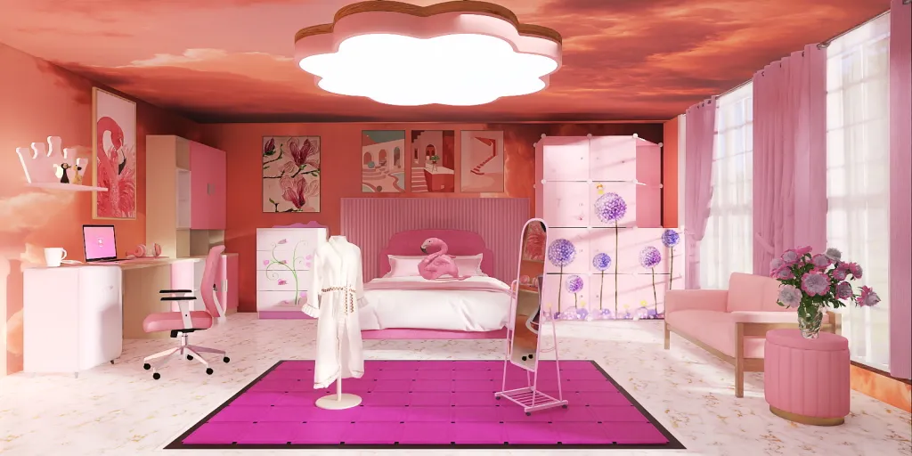 a room with a pink and white bed and a pink and white dresser 