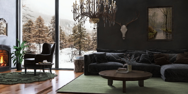 A dark and moody,  but cosy living room