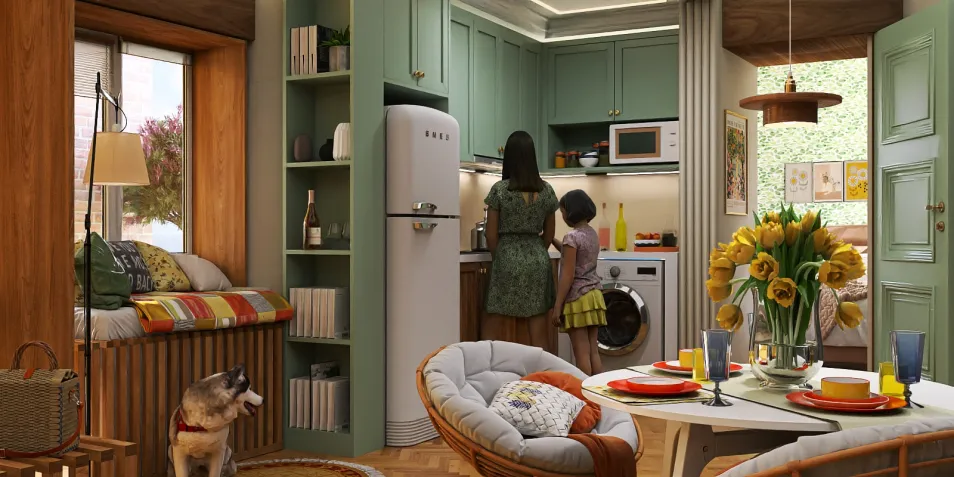 Woman cooking in a modern kitchen with a girl, featuring a cozy design, promoting small space optimization using Homestyler's smart furniture arrangement.