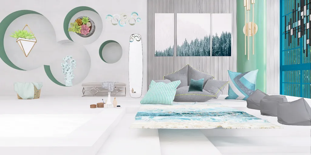 a living room with a white wall and a blue wall 