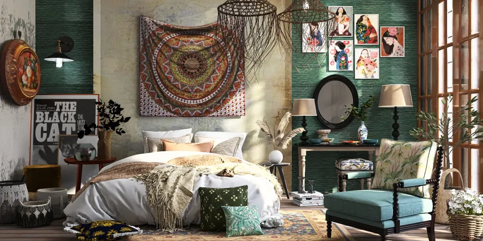 bohemian bedroom design showcasing a cozy bed and eclectic decor with vibrant textiles and wall art, utilizing Homestyler's real-time 3D rendering feature for an immersive preview.