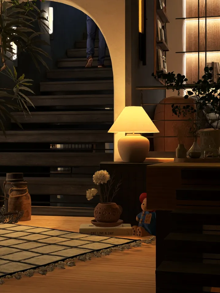 cozy living room with warm lighting featuring a lamp and decorative items, showcasing interior design concepts for effective space utilization, utilizing Homestyler's real-time 3D rendering feature.