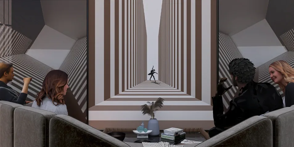 modern living room with abstract wall design featuring a figure in the distance, showcasing interior decor using Homestyler's real-time 3D rendering feature for immersive visualization