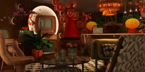 retro living room with vibrant decor and artistic lighting, showcasing interior design with a focus on colorful aesthetics, utilizing Homestyler's real-time 3D rendering feature for an immersive preview.