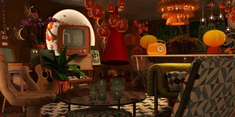 vibrant living room with retro décor and unique lighting fixtures featuring smart furniture arrangement to optimize space using Homestyler's real-time 3D rendering capabilities