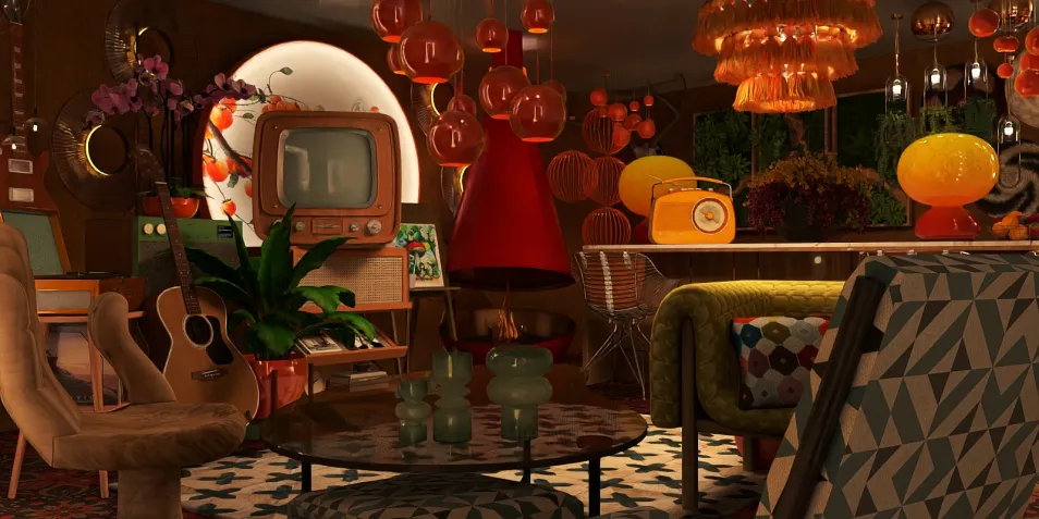 vibrant living room with retro décor and unique lighting fixtures featuring smart furniture arrangement to optimize space using Homestyler's real-time 3D rendering capabilities