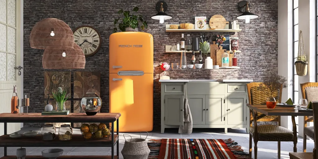a kitchen with a refrigerator, a table, and a clock 