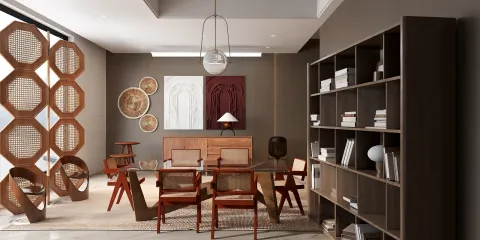 dining room furniture arrangement showcasing a modern rustic style with wooden elements, highlighting interior decor using Homestyler's real-time 3D rendering feature