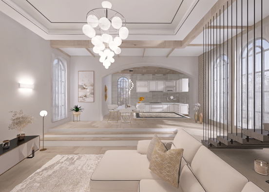 French style living room and kitchen  Design Rendering