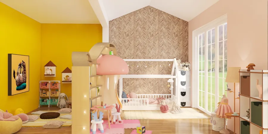 a small room with a pink and white dresser and a pink and white dollhouse 