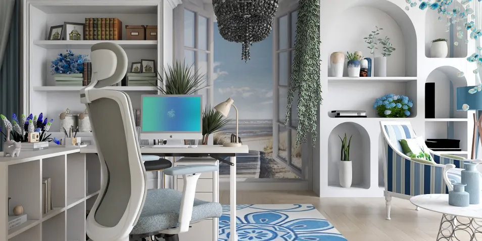 Modern home office with a desk and ergonomic chair featuring a coastal landscape mural, designed to optimize workspace efficiency using Homestyler's real-time 3D rendering.