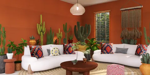 A cozy living room featuring white sofas adorned with colorful cushions, surrounded by various cacti and plants, designed in a bohemian style to create a warm and inviting atmosphere, showcasing Homestyler's real-time 3D rendering capabilities.