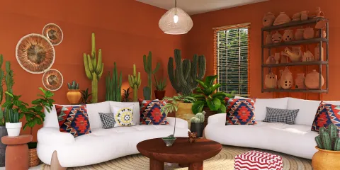 modern white sectional sofa arranged in a vibrant earthy style living room enhancing space with indoor plants and decorative pots using Homestyler's real-time 3D rendering feature