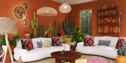 Spacious living room featuring a modern white sofa arrangement with vibrant cushions, styled in a bohemian aesthetic, showcasing unique decor elements and plants for a vibrant interior decor experience, using Homestyler's smart furniture arrangement feature.