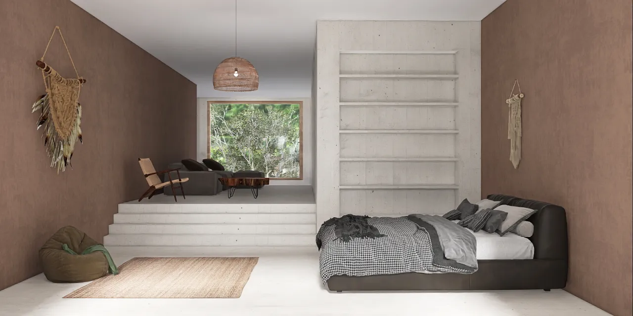 a bedroom with a bed, a desk and a window 