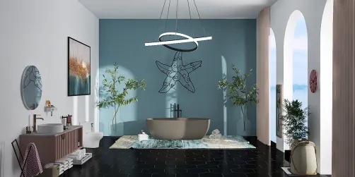 Pale pink and blue coastal bathroom 
