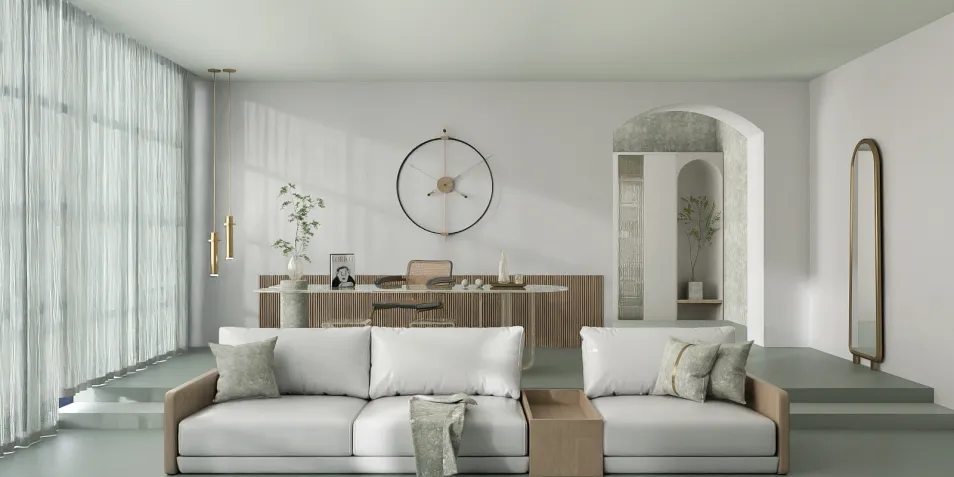 Living room with modern sofa arrangement showcasing smart furniture placement in a minimalistic style, enhancing space functionality using Homestyler's real-time 3D rendering.