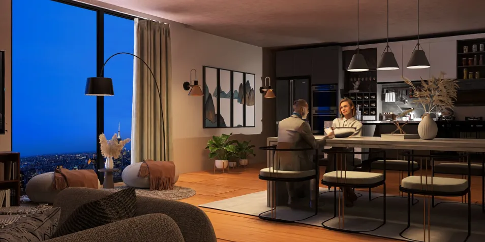 modern couple enjoying dinner in a stylish kitchen dining area with urban views, featuring interior design elements, utilizing Homestyler's real-time 3D rendering for effective design proposal presentation.