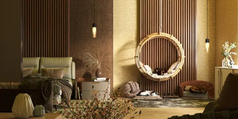 cozy bedroom interior featuring a wooden accent wall and unique hanging chair design in a modern style, showcasing Homestyler's real-time 3D rendering capability.