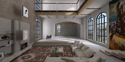 spacious living room showcasing contemporary furniture arrangement in an industrial style, highlighting interior design concepts with Homestyler's real-time 3D rendering feature.
