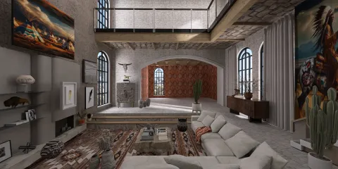 A spacious living room featuring a cozy sectional sofa and artistic decor, showcasing an industrial style with exposed brick walls and large windows, perfect for interior design inspiration using Homestyler's real-time 3D rendering capabilities.