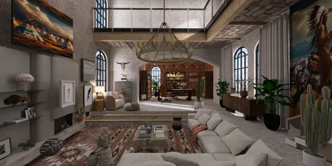 living room with large chandelier featuring smart furniture arrangement in modern rustic style creating a cozy interior decor atmosphere supported by Homestyler's real-time 3D rendering.