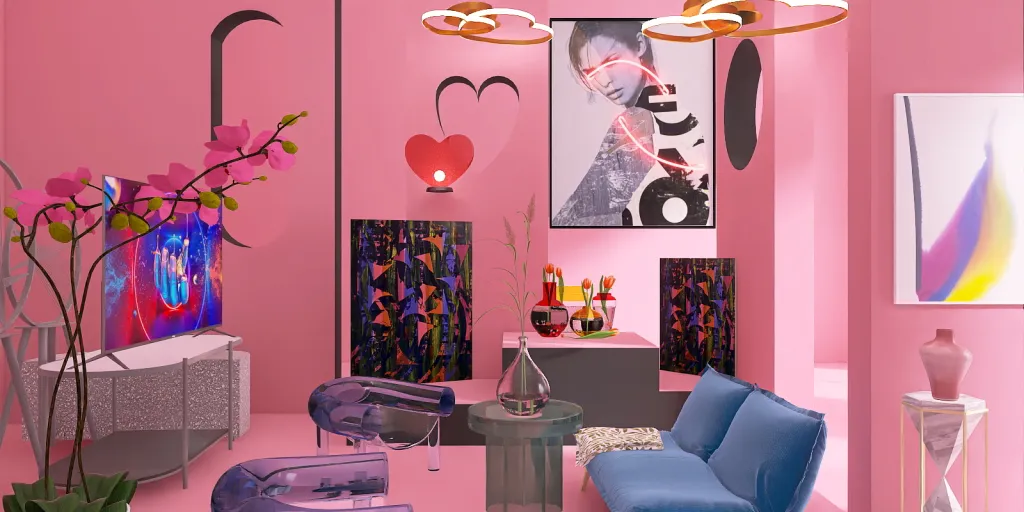 a living room with a red couch and a pink chair 