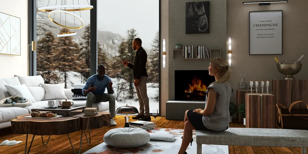 a woman and a man are playing a game on the fire place 