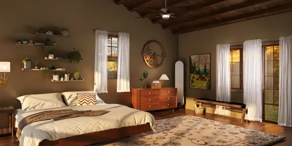 spacious bedroom featuring a cozy bed arrangement in a rustic style with wood accents, showcasing a tranquil atmosphere; includes Homestyler's real-time 3D rendering feature for design proposal visualization.
