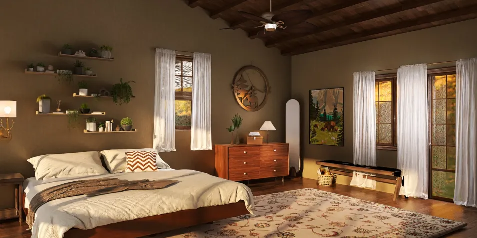 spacious bedroom featuring a cozy bed arrangement in a rustic style with wood accents, showcasing a tranquil atmosphere; includes Homestyler's real-time 3D rendering feature for design proposal visualization.