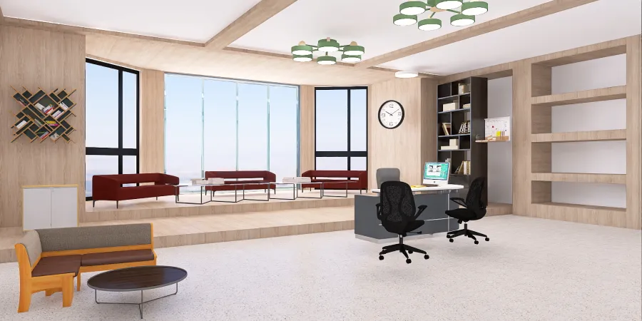 a room with a large window and a large desk 