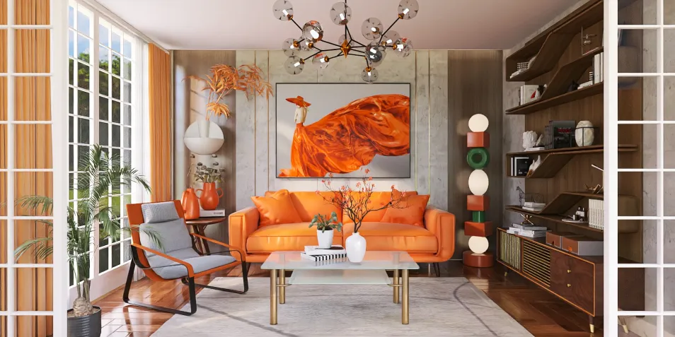 Modern living room showcasing an orange sofa arrangement with a vibrant artwork, incorporating smart furniture layout for optimal functionality, featuring a 3D interior design rendered with Homestyler's real-time rendering capability.