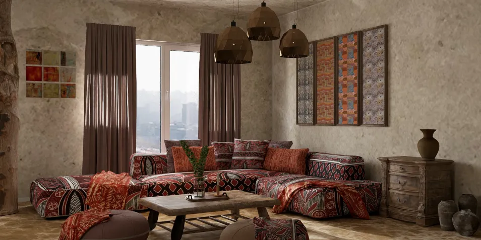 cozy living room layout featuring ethnic patterned seating and decorative elements, showcasing a rustic style and optimizing small spaces with smart furniture arrangement using Homestyler's intelligent layout feature.