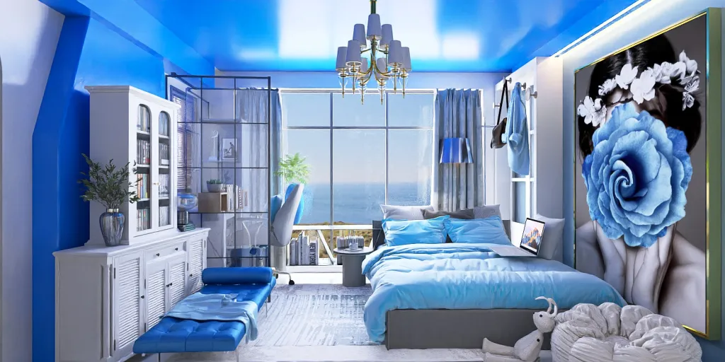 a room with a blue and white bed and a blue and white chair 