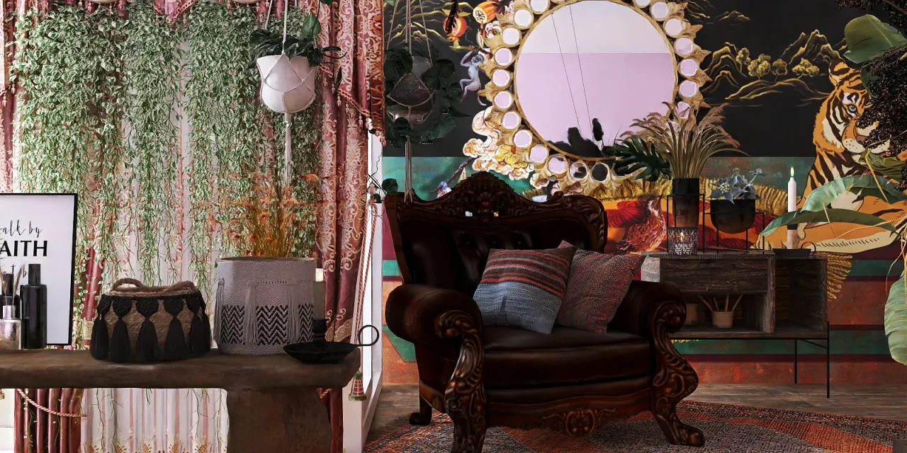 a woman sitting on a chair in front of a large mirror 