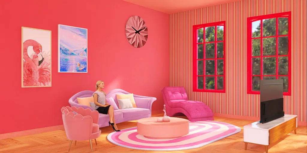 a living room with a pink couch and a blue wall 