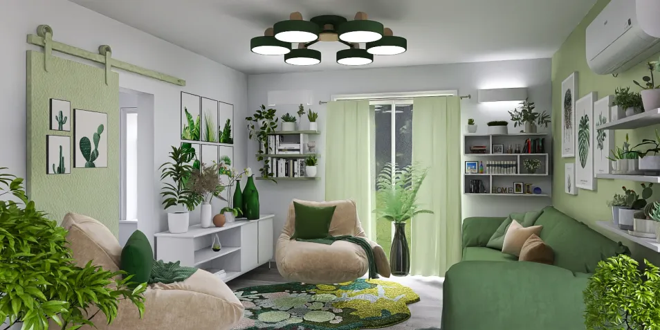 cozy living room with green accents featuring a relaxed seating arrangement, showcasing a modern bohemian style and optimized space using Homestyler's real-time 3D rendering feature.