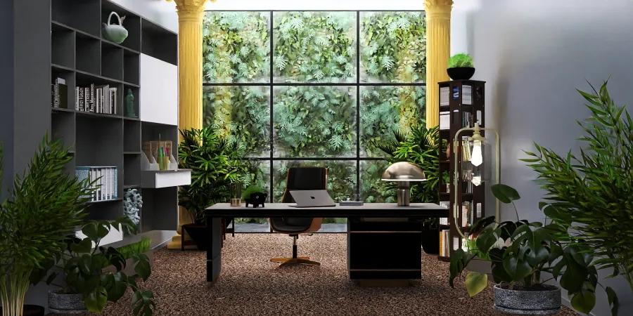 a room with a large window and a large plant 
