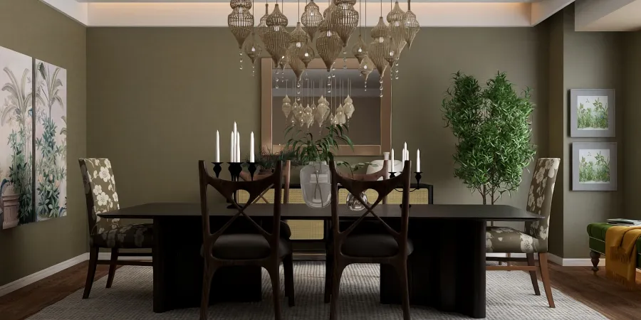 a dining room table with a large mirror 