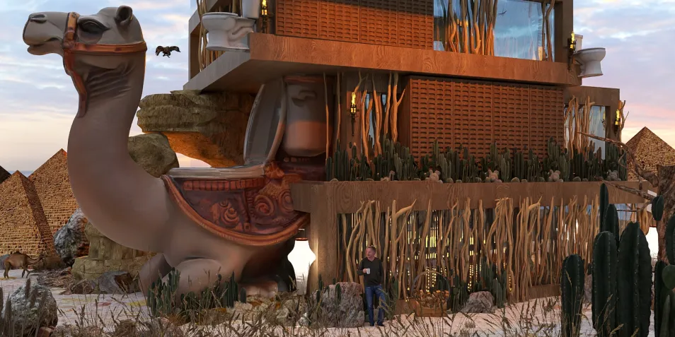 A unique structure featuring a camel design as part of the architecture, showcasing an artistic blend of modern and traditional elements, designed for outdoor spaces, highlighting Homestyler's real-time 3D rendering capabilities.