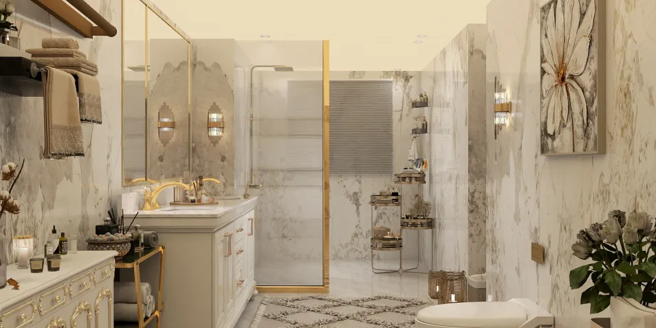 luxurious bathroom design featuring a marble finish, showcasing a shower area, smart furniture arrangement for optimized space utilization, perfect for interior decor enthusiasts, utilizing Homestyler's real-time 3D rendering feature