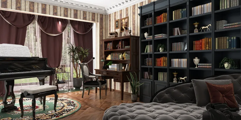 elegant living room with piano and bookshelves showcasing classic design elements and a cozy atmosphere, featuring Homestyler's real-time 3D rendering for interior design visualization.