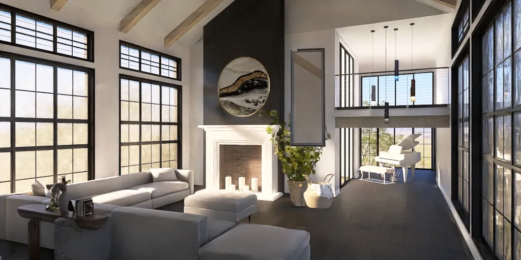 a living room with a large window and a large fireplace 