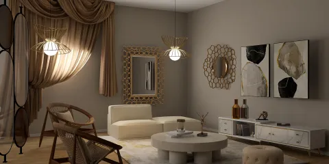 modern living room design with stylish furniture arrangement featuring a cozy sofa and decorative lighting, creating a contemporary ambiance suitable for relaxing, showcasing Homestyler's real-time 3D rendering feature.