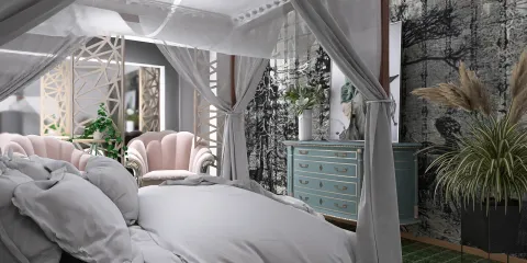 luxurious bedroom design featuring a canopy bed with soft linens, incorporating smart furniture layout for space optimization, showcasing a modern style with a focus on comfort and aesthetics in the interior decor.